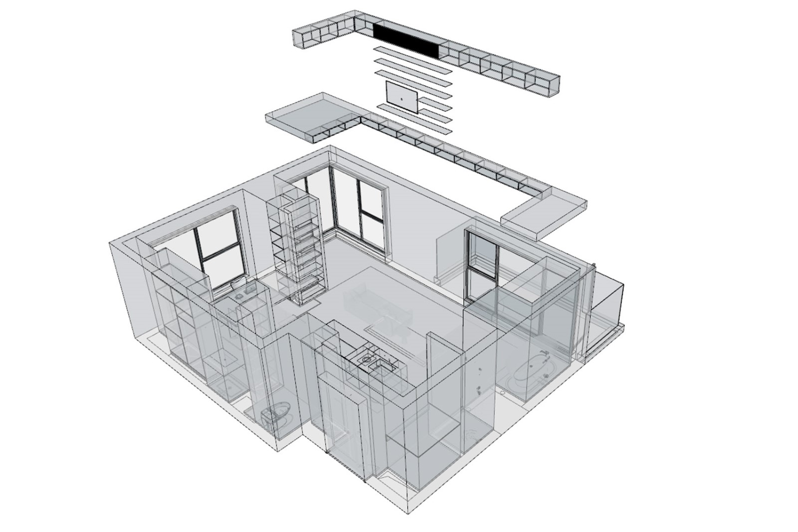 ▼分解轴测图,储物空间位于墙壁凹凸处